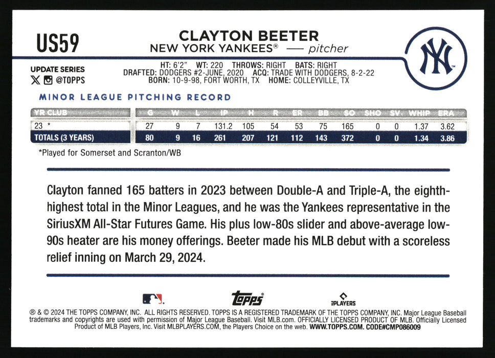 2024 Topps Update #US59 Clayton Beeter Royal Blue