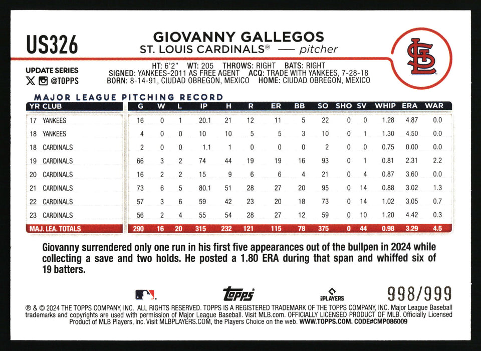 2024 Topps Update #US326 Giovanny Gallegos Blue Holofoil #/999