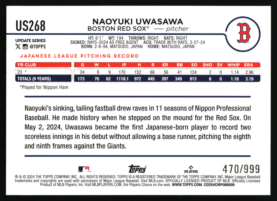 2024 Topps Update #US268 Naoyuki Uwasawa Blue Holofoil #/999