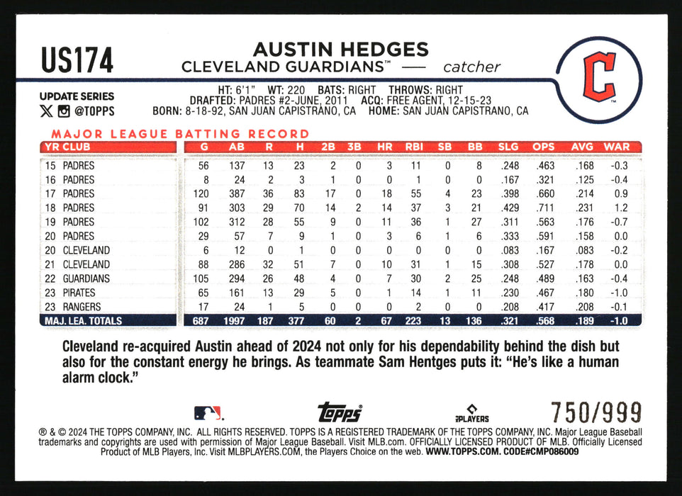 2024 Topps Update #US174 Austin Hedges Blue Holofoil #/999