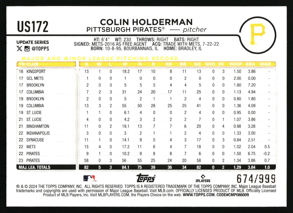 2024 Topps Update #US172 Colin Holderman Blue Holofoil #/999