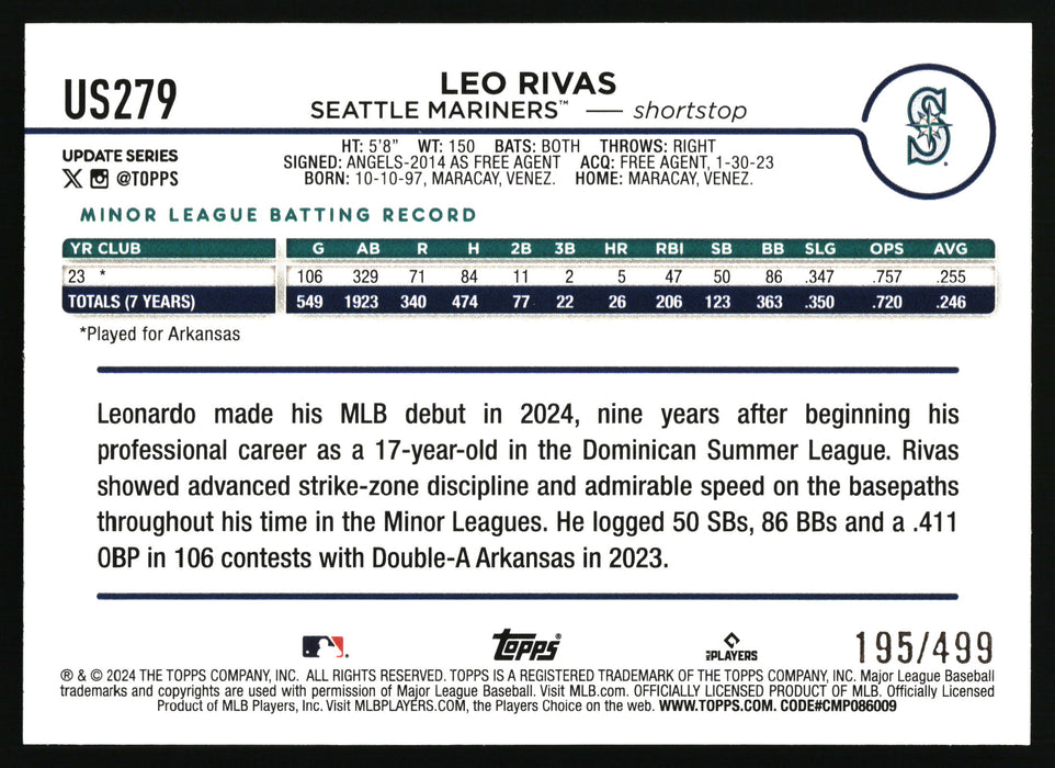 2024 Topps Update #US279 Leo Rivas Green Crackle Foilboard #/499