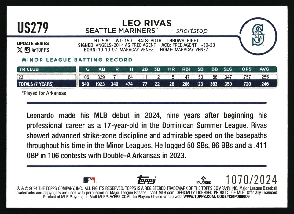 2024 Topps Update #US279 Leo Rivas Gold #/2024