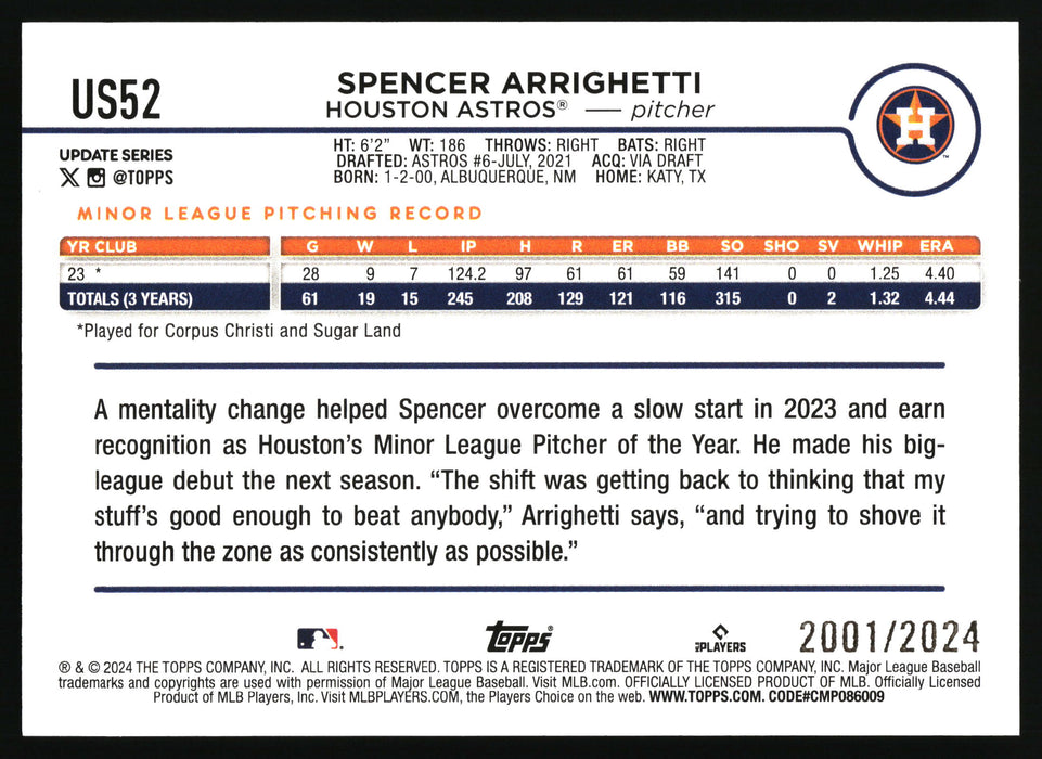 2024 Topps Update #US52 Spencer Arrighetti Gold #/2024