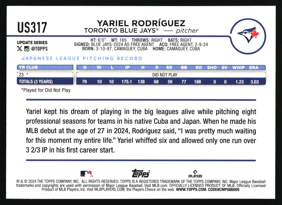 2024 Topps Update #US317 Yariel Rodríguez Gold Rainbow Foil