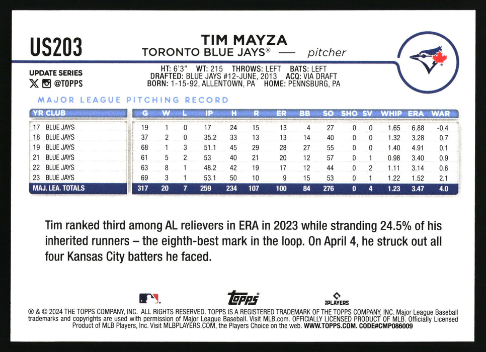 2024 Topps Update #US203 Tim Mayza Gold Rainbow Foil