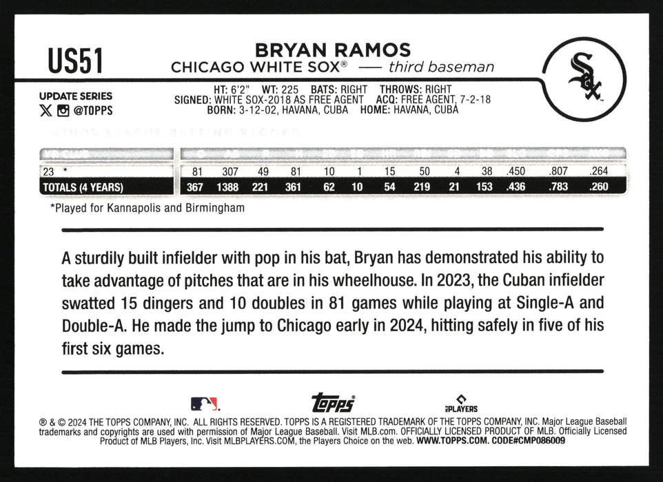 2024 Topps Update #US51 Bryan Ramos Gold Rainbow Foil