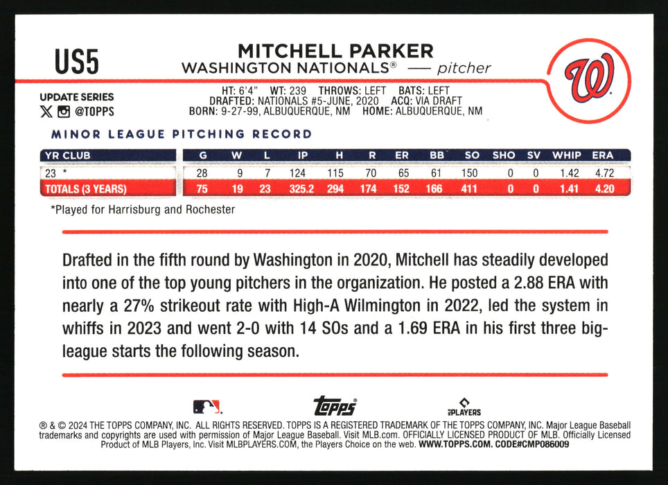 2024 Topps Update #US5 Mitchell Parker Gold Rainbow Foil