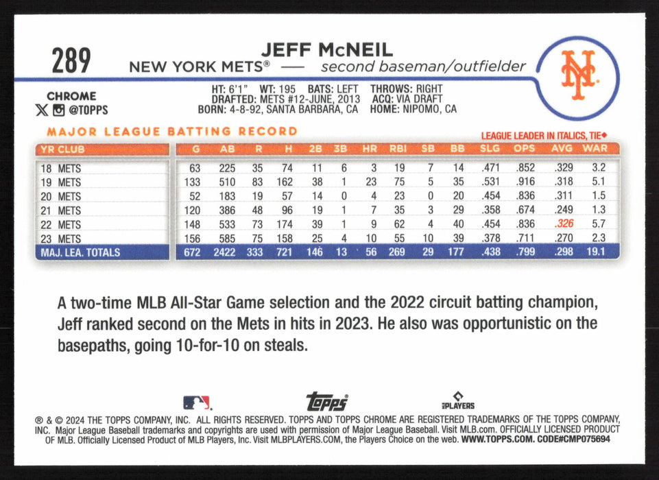 2024 Topps Chrome #289 Jeff McNeil