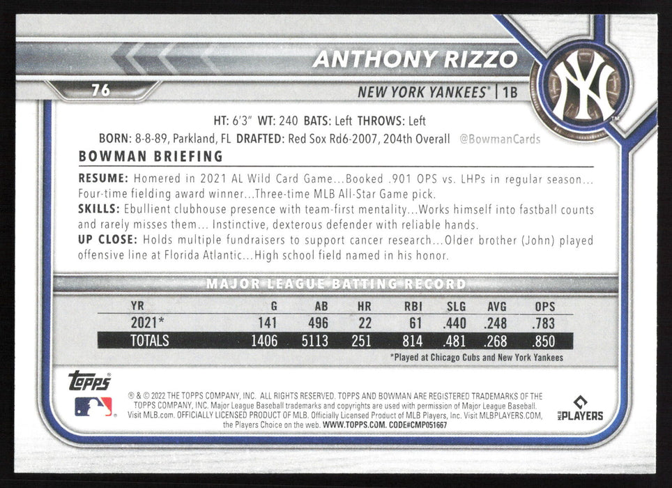 2022 Bowman #76 Anthony Rizzo Base