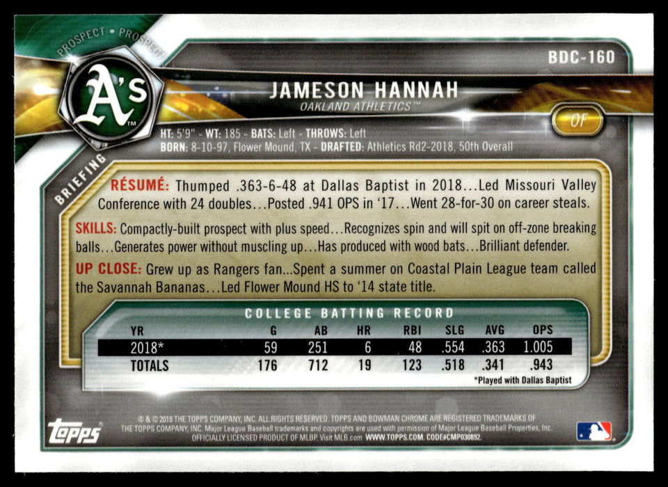 2018 Bowman Draft #BDC-160 Jameson Hannah Chrome