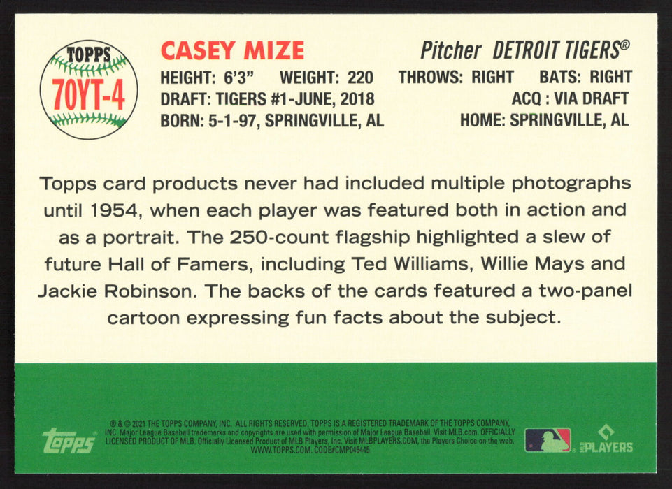 2021 Topps #70YT-4 Casey Mize 70 Years of Topps Baseball (Series 2)