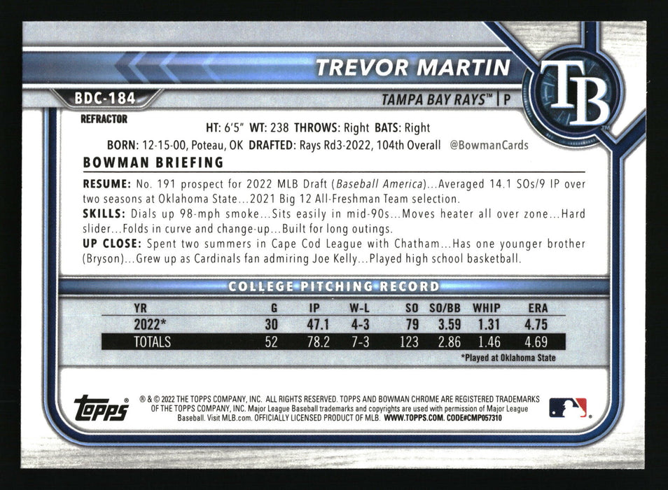 2022 Bowman Draft #BDC-184 Trevor Martin Chrome Refractor