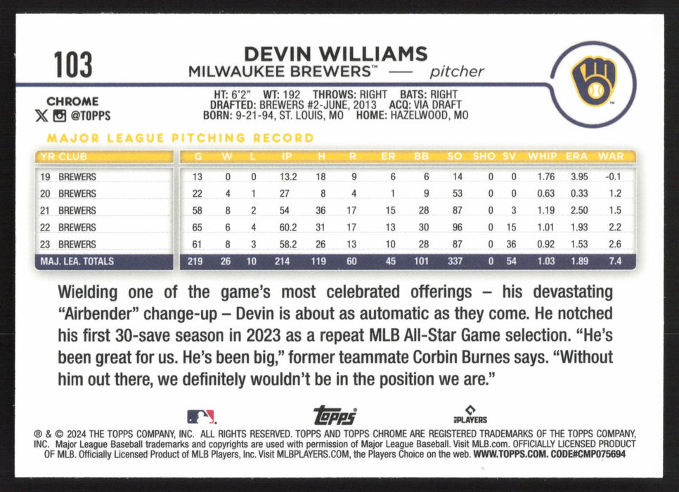 2024 Topps Chrome #103 Devin Williams Prism Refractor