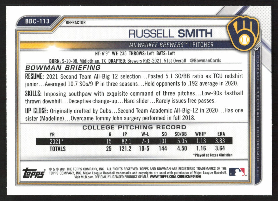 2021 Bowman Draft #BDC-113 Russell Smith Chrome Refractor