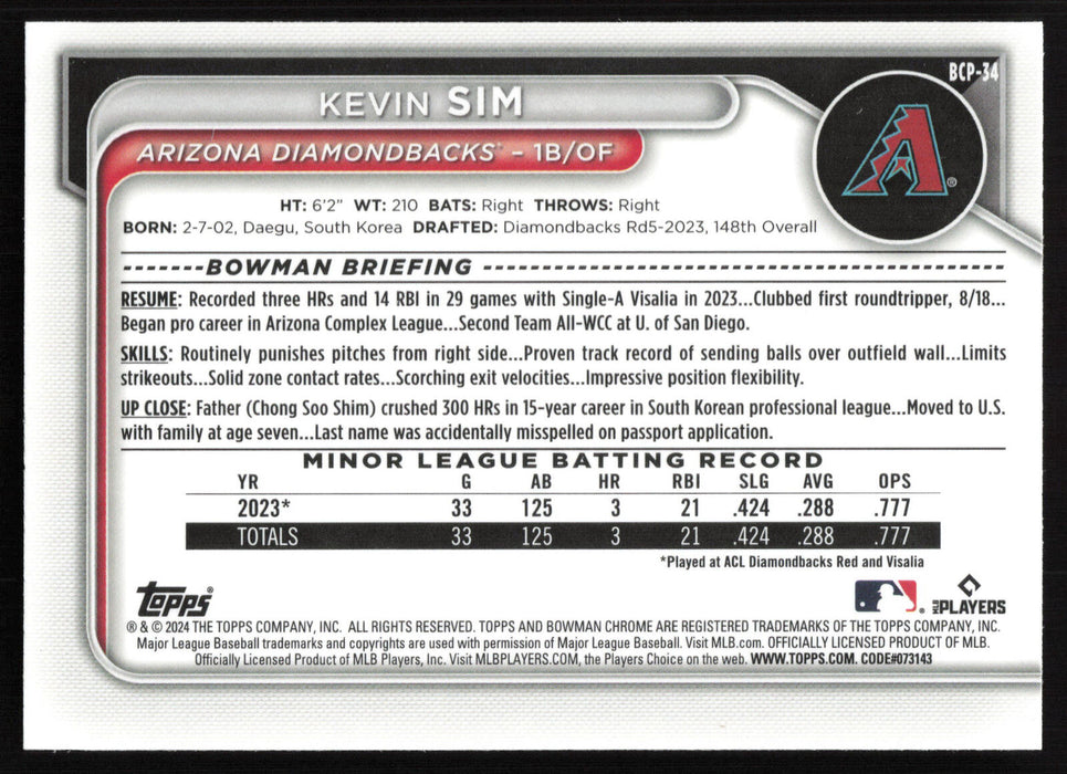 2024 Bowman #BCP-34 Kevin Sim Chrome Prospects