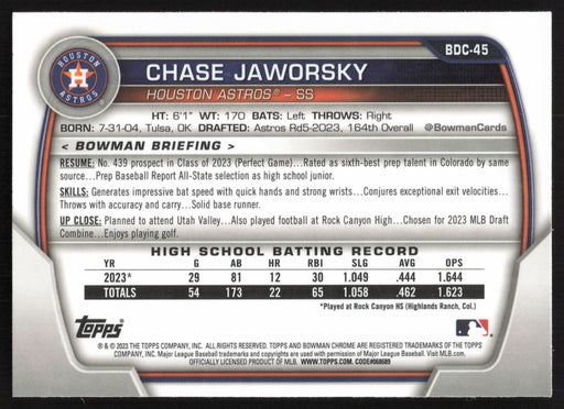 2023 Bowman Draft #BDC-45 Chase Jaworsky Chrome Lunar Glow Refractor