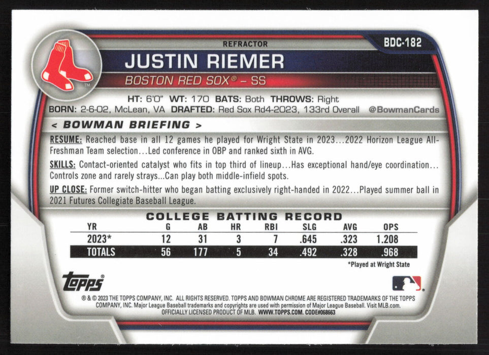 2023 Bowman Draft #BDC-182 Justin Riemer Chrome Refractor