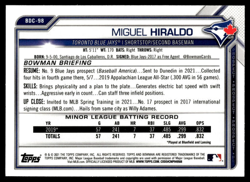 2021 Bowman Draft #BDC-98 Miguel Hiraldo Chrome Black & White RayWave