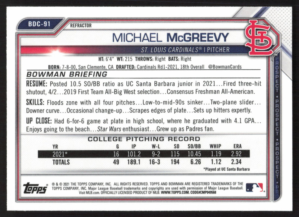 2021 Bowman Draft #BDC-91 Michael McGreevy Chrome Refractor