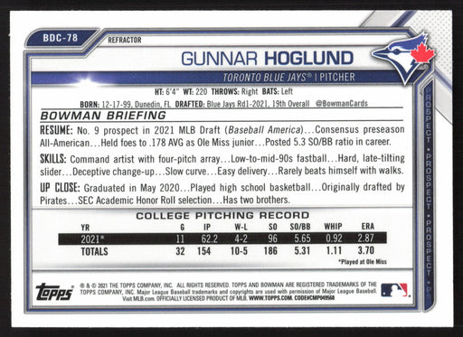 2021 Bowman Draft #BDC-78 Gunnar Hoglund Chrome Refractor