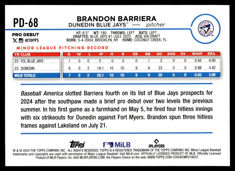 2024 Topps Pro Debut #PD-68 Brandon Barriera