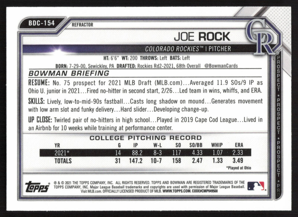 2021 Bowman Draft #BDC-154 Joe Rock Chrome Refractor