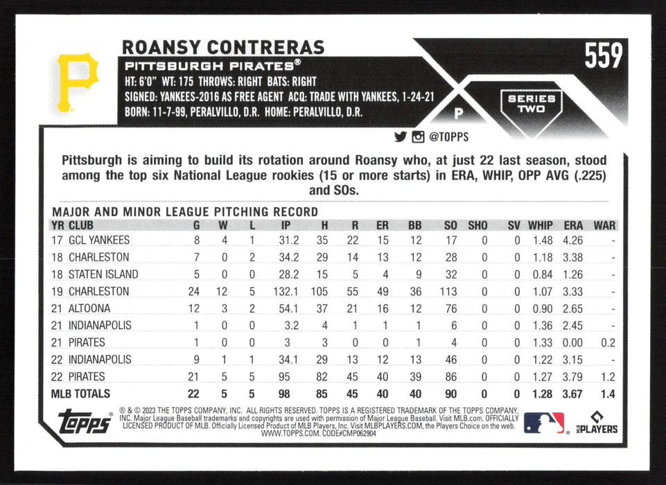 2023 Topps #559 Roansy Contreras Gold Foil