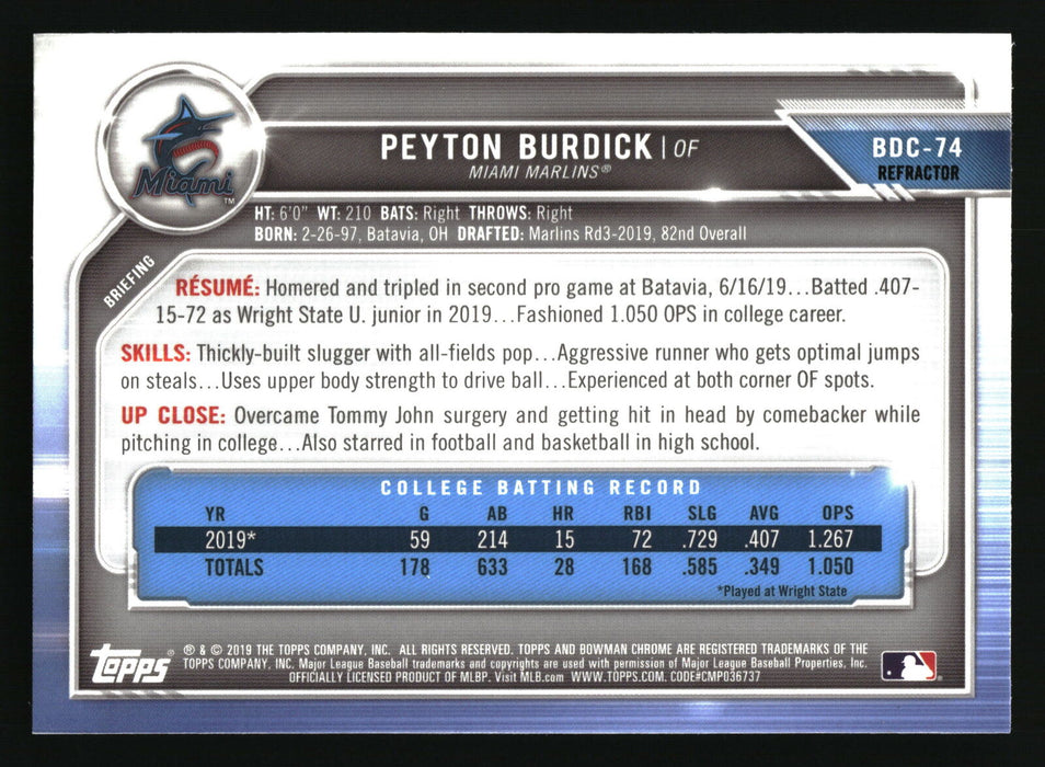 2019 Bowman Draft #BDC-74 Peyton Burdick Chrome Refractor