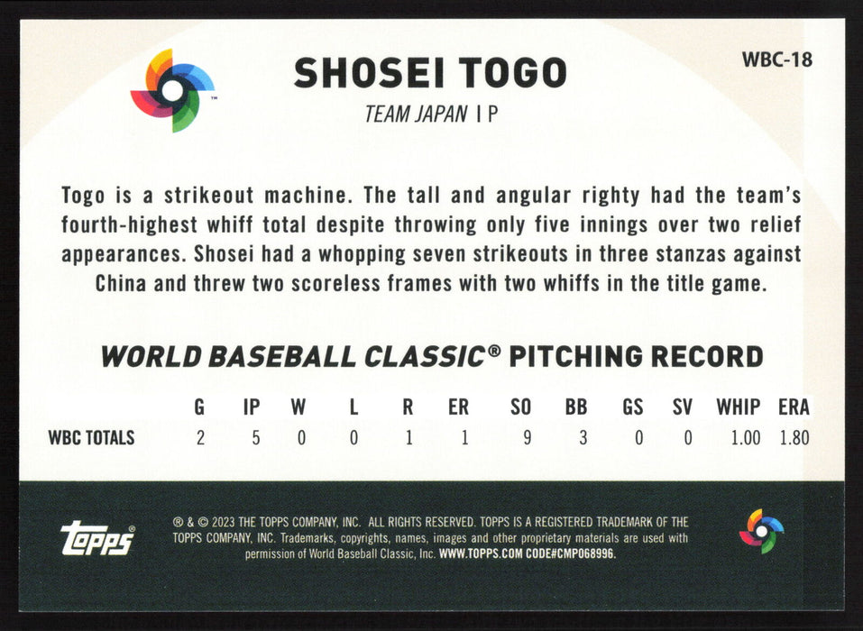 2023 Topps Japan Edition #WBC-18 Shosei Togo WBC Japanese National Team