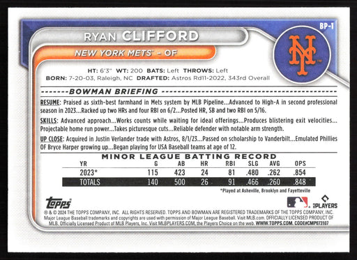 2024 Bowman #BP-1 Ryan Clifford Prospects Base