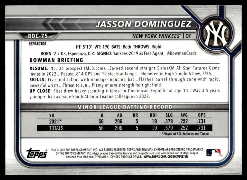 2022 Bowman Draft #BDC-75 Jasson Dominguez Chrome Refractor