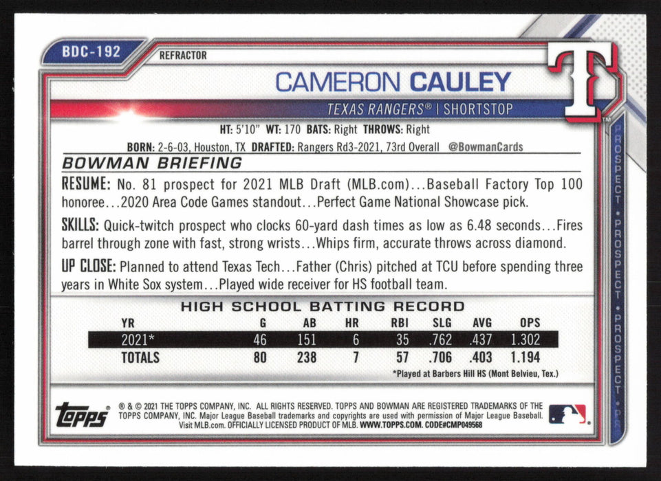 2021 Bowman Draft #BDC-192 Cameron Cauley Chrome Refractor