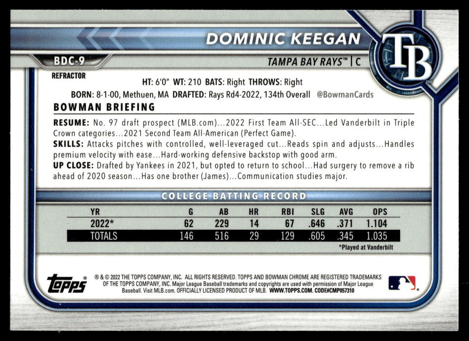 2022 Bowman Draft #BDC-9 Dominic Keegan Chrome Refractor