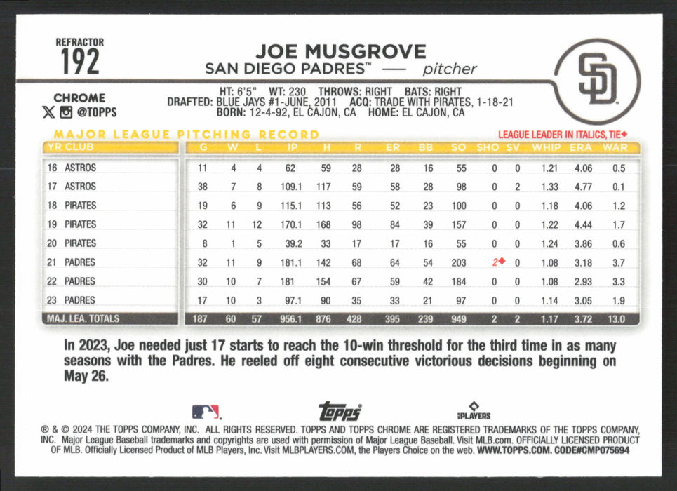 2024 Topps Chrome #192 Joe Musgrove Refractor