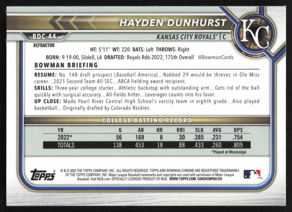 2022 Bowman Draft #BDC-44 Hayden Dunhurst Chrome Refractor