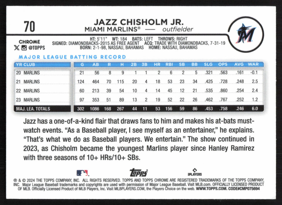 2024 Topps Chrome #70 Jazz Chisholm Jr.