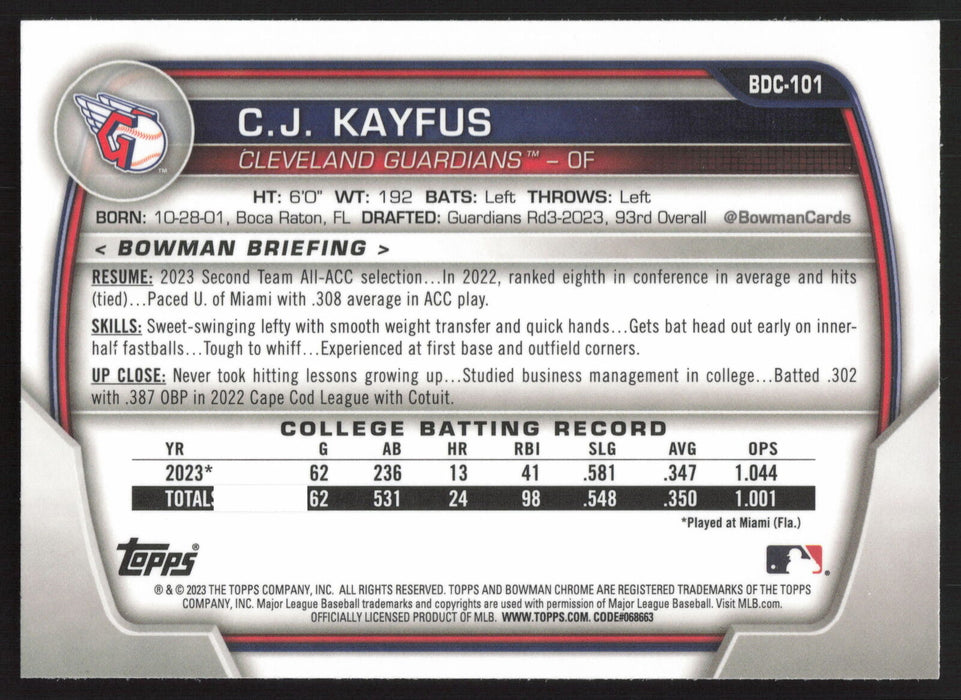 2023 Bowman Draft #BDC-101 C.J. Kayfus Chrome Sky Blue Refractor