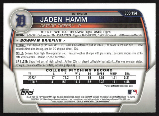 2023 Bowman Draft #BDC-154 Jaden Hamm Chrome Refractor