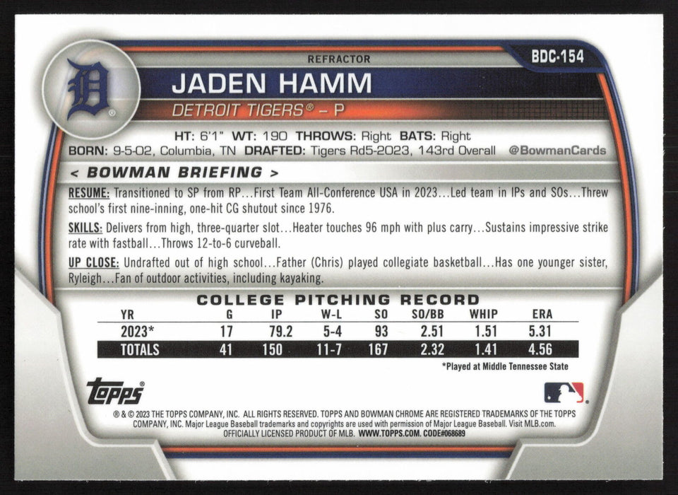 2023 Bowman Draft #BDC-154 Jaden Hamm Chrome Refractor