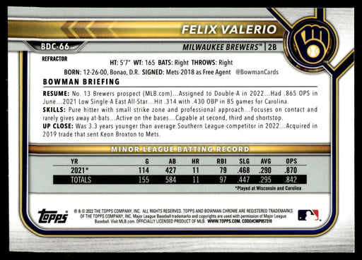 2022 Bowman Draft #BDC-66 Felix Valerio Chrome Refractor