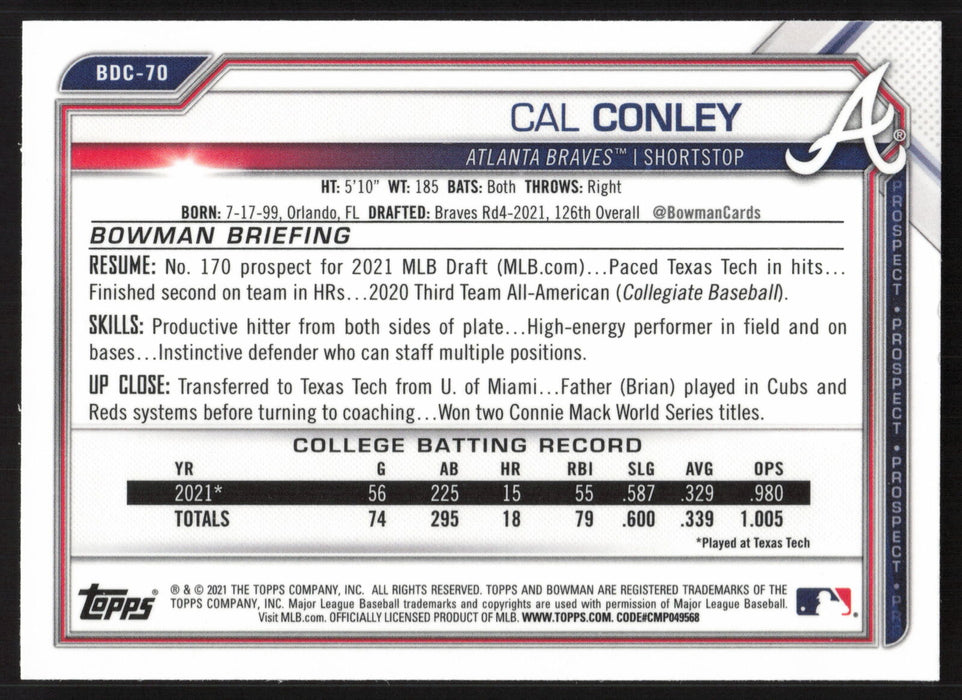 2021 Bowman Draft #BDC-70 Cal Conley Chrome Sparkle Refractor