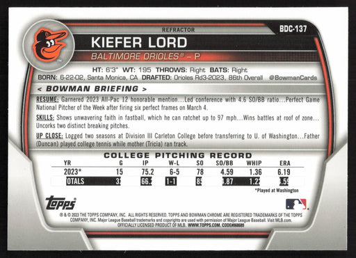 2023 Bowman Draft #BDC-137 Kiefer Lord Chrome Refractor