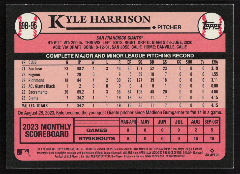 2024 Topps #89B-95 Kyle Harrison 1989 Topps Baseball 35th Anniversary