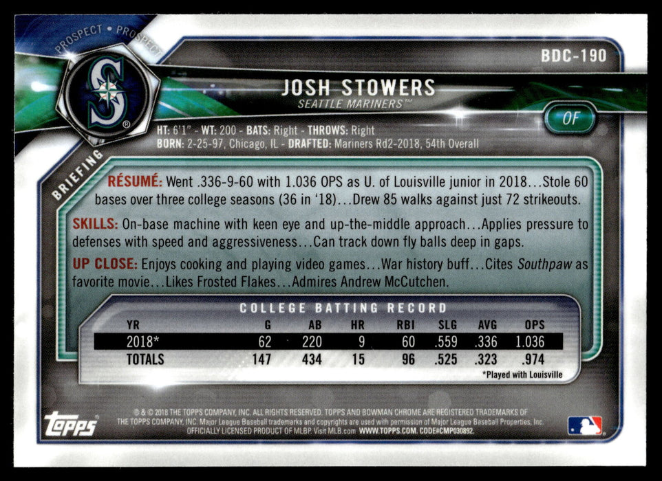 2018 Bowman Draft #BDC-190 Josh Stowers Chrome