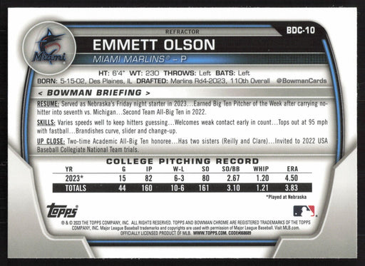 2023 Bowman Draft #BDC-10 Emmett Olson Chrome Refractor