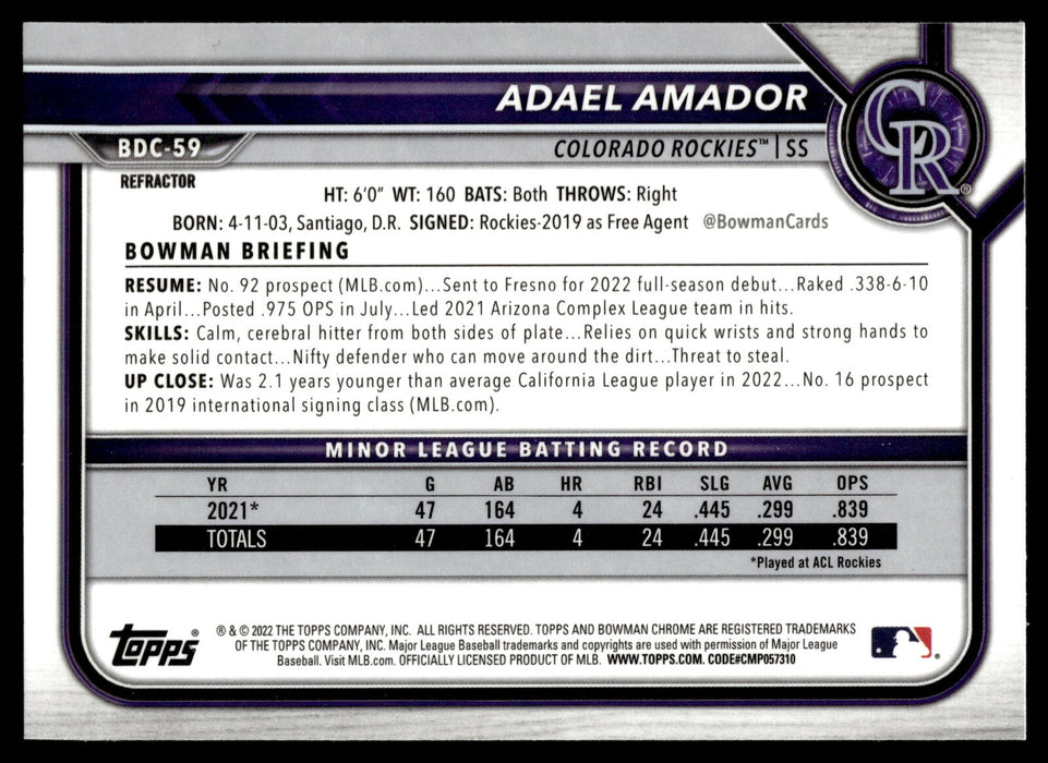 2022 Bowman Draft #BDC-59 Adael Amador Chrome Refractor