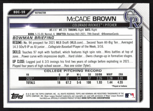 2021 Bowman Draft #BDC-59 McCade Brown Chrome Refractor