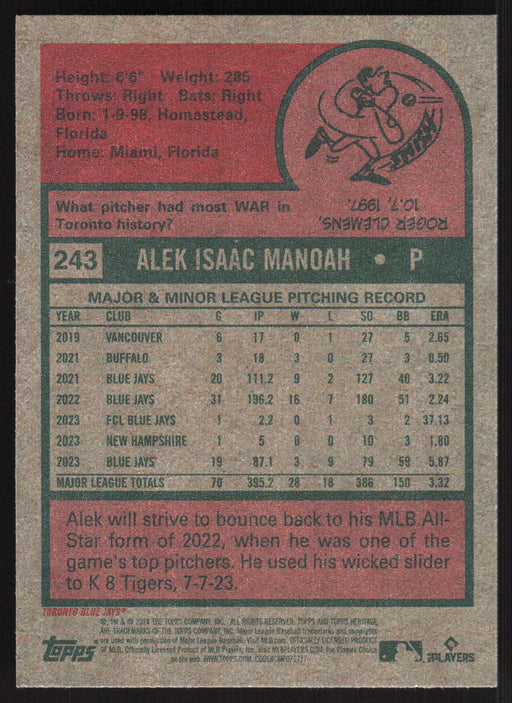 2024 Topps Heritage #243 Alek Manoah Base