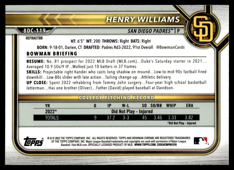 2022 Bowman Draft #BDC-119 Henry Williams Chrome Refractor